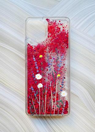 Чехол с плавающими блестками на samsung galaxy a22 4g/m22/m32 розовый полевые цветы (принт 270)