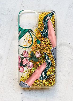 Чохол із плаваючими блискітками на iphone 13 золотий :: туфельки і квіти (принт 225)