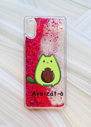 Чехол с плавающими блестками на xiaomi redmi 9a розовый котик авокадо (принт 306)