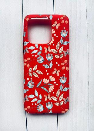 Матовый чехол на xiaomi redmi 12c красный :: цветочный фон (принт 370)
