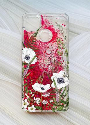 Чехол с плавающими блестками на xiaomi redmi 9c / 10a розовый :: цветы полевые (принт 363)