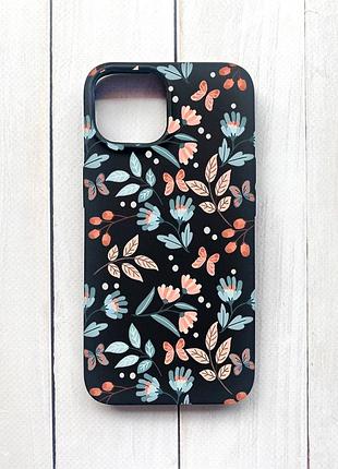 Матовый чехол на iphone 15 черный :: цветочный фон (принт 370)
