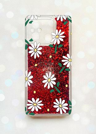 Чохол з плаваючими блискітками на xiaomi redmi 12c червоний :: ромашки (принт 368)