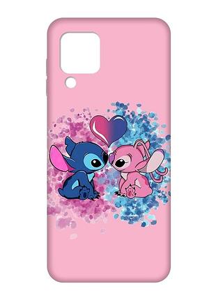 Матовый розовый чехол на samsung galaxy m32/a22/m22 4g стич и ангел (принт 391)