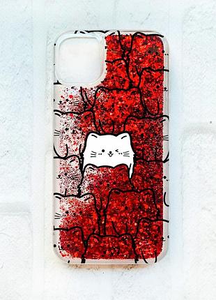Чехол с плавающими блестками на iphone 11 красный котики (принт 392)