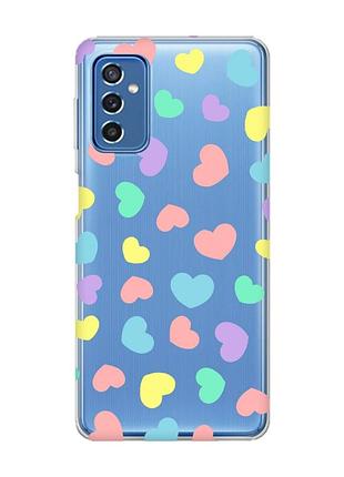 Прозрачный чехол на samsung galaxy m52 :: разноцветные сердечка (принт 335)