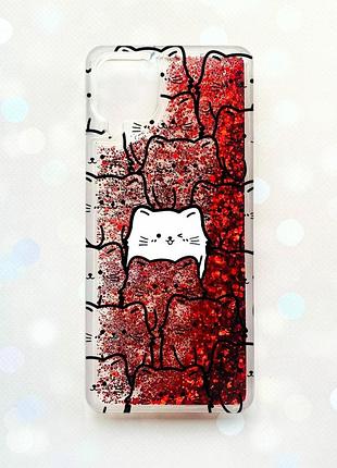 Чехол с плавающими блестками samsung galaxy a12 красный котики (принт 392)
