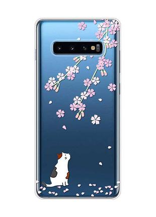 Прозрачный чехол на samsung galaxy s10 plus :: котик и сакура (принт 283)