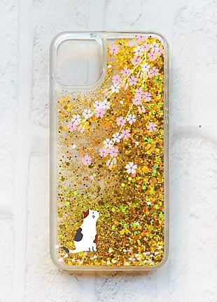 Чохол із плаваючими блискітками на iphone 11 золотий :: котик і сакура (принт 283)