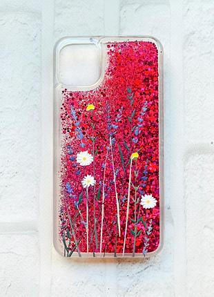 Чохол із плаваючими блискітками на iphone 11 рожевий :: польові квіти (принт 270)