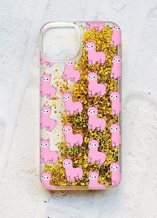 Чехол с плавающими блестками на iphone 14 золотой :: ламы розовые (принт 101)