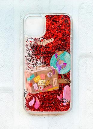 Чехол с плавающими блестками на iphone 11 :: красный :: настроение путешествовать (принт 329)