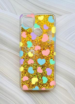 Чехол с плавающими блестками на xiaomi redmi 9c / 10a золотой сердечка (принт 335)