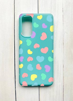 Матовий чохол на samsung galaxy m54 бірюзовий :: різнокольорові сердечка (принт 335)