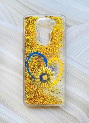 Чехол с плавающими блестками на xiaomi redmi note 9/10x золотой сердце и подсолнух (принт 260)
