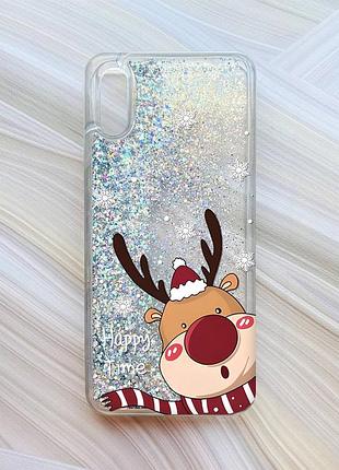 Чохол з плаваючими блискітками на xiaomi redmi 9a срібло зимове оленя (принт 155)