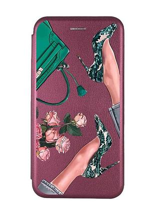 Чохол-книжка з малюнком для iphone 7, 8 бордовий :: туфельки і квіти (принт 225)