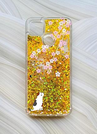 Чехол с плавающими блестками на xiaomi redmi 9c / 10a золотой котик и сакура (принт 283)