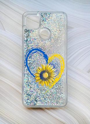 Чехол с плавающими блестками на xiaomi redmi 9c / 10a серебро сердце и подсолнух (принт 260)