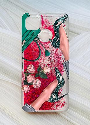 Чехол с плавающими блестками для xiaomi redmi 9c / 10a розовый туфельки и цветы (принт 225)