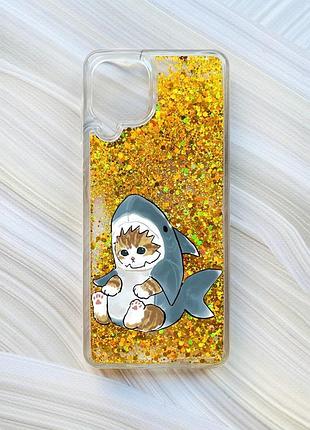 Чехол с плавающими блестками на samsung galaxy a22 4g/m22/m32 золотой котёнок (принт 120)