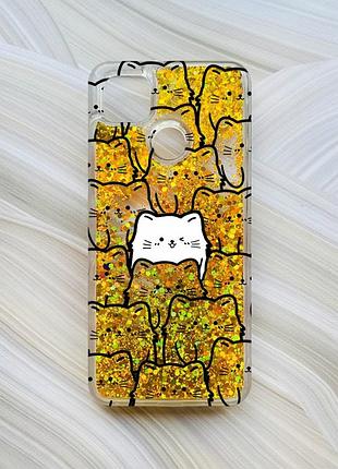 Чехол с плавающими блестками на xiaomi redmi 9c / 10a золотой котики (принт 392)