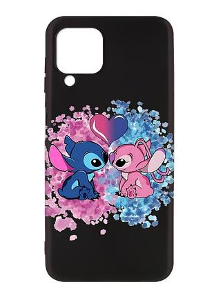 Матовый черный чехол на samsung galaxy a12 стич и ангел (принт 391)