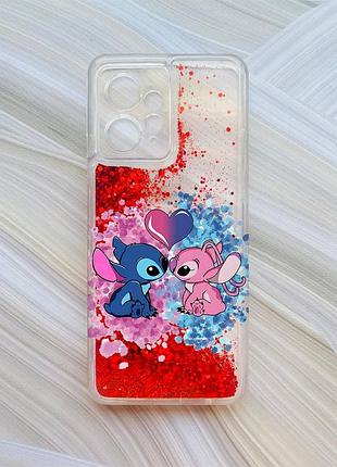 Чехол с плавающими красными блестками на xiaomi redmi note 12 4g стич и ангел (принт 391)