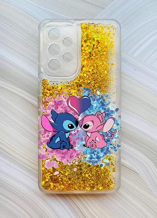 Чехол с плавающими блестками на samsung galaxy a53 4g/a53 5g золотой стич и ангел (принт 391)