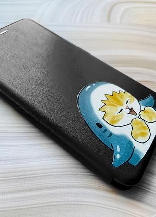 Чохол-книжка чорний з малюнком на xiaomi redmi note 7/7 pro котик акула (принт 376) 2