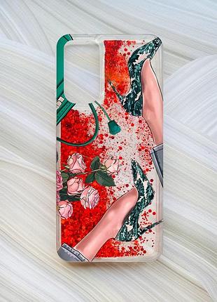 Чехол с плавающими красными блестками на xiaomi redmi note 11 туфельки и цветы (принт 225)