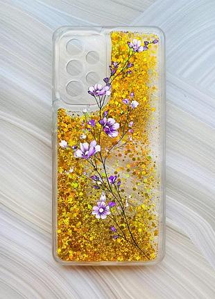 Чехол с плавающими блестками на samsung galaxy a53 4g/a53 5g золотой веточка цветов (принт 278)