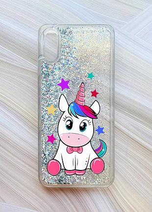 Чехол с плавающими блестками на xiaomi redmi 9a серебристый единорог (принт 102)