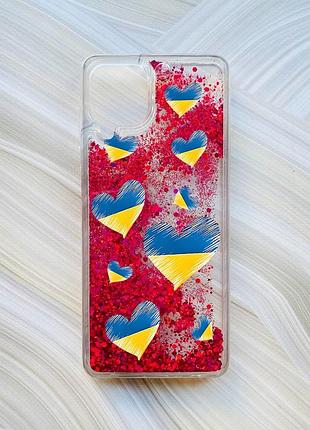 Чехол с плавающими блестками на samsung galaxy a22 4g/m22/m32 розовый сердечка. украина (принт 258)