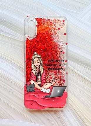 Чехол с плавающими блестками для xiaomi redmi 9a красный девушка с вином (принт 220)