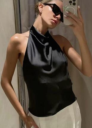Чорний сатиновий топ халтер zara s-m