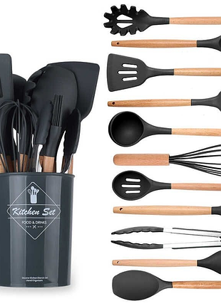 Набір кухонного приладдя kitchen set, 12 предметів ∙ силіконові аксесуари для кухні з підставкою