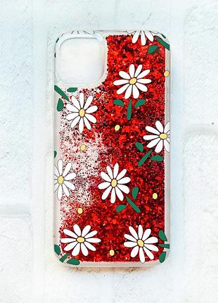 Чехол с плавающими блестками на iphone 11 красный :: ромашки (принт 368)