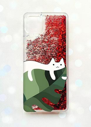 Чехол с плавающими блестками samsung galaxy a12 красный :: кот на листе (принт 367)