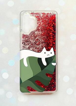 Чехол с плавающими блестками на samsung galaxy a32 красный :: кот на листе (принт 367)