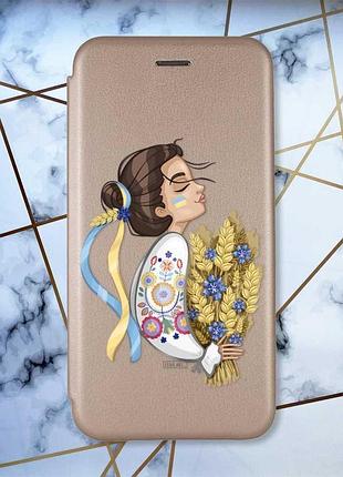 Чехол-книжка с рисунком на xiaomi redmi 7 :: золотой :: украинка с колосками /принт 172/