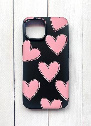 Матовий чохол на iphone 15 чорний сердечка (принт 78)