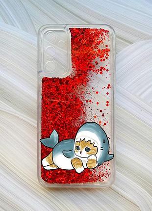 Чехол с плавающими блестками на samsung galaxy a24 (a245) красный :: котенок акула (принт 355)