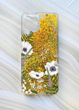 Чохол з плаваючими блискітками на samsung galaxy a22 4g/m22/m32 золотий :: квіти польові (принт 363)