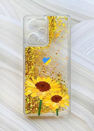 Чохол з плаваючими блискітками на xiaomi redmi note 12 pro plus золотий :: жовті квіти (принт 364)
