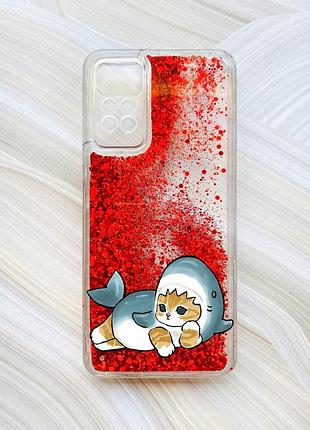 Чохол з плаваючими блискітками на xiaomi redmi note 11 pro червоний :: котик акула (принт 355)