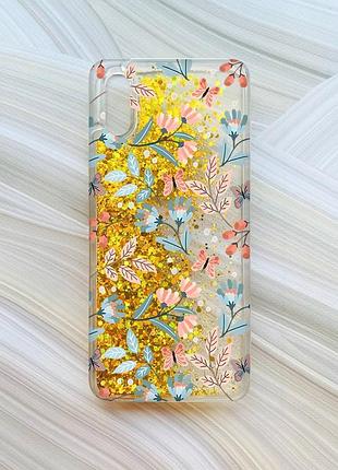 Чохол з плаваючими блискітками на xiaomi redmi 9a золотий :: квітковий фон (принт 370)