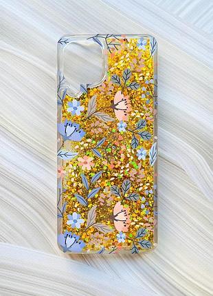 Чехол с плавающими блестками на samsung galaxy a22 4g/m22/m32 золотой :: цветочный фон (принт 371)