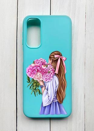 Матовый чехол на samsung galaxy a24 бирюзовый :: девушка с пионами (принт 11)