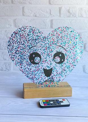 Нічник сердечко з синьо-рожевими блискітками і пультом керування